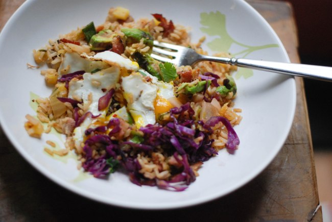 Kimchi bacon fried rice and eggs-12