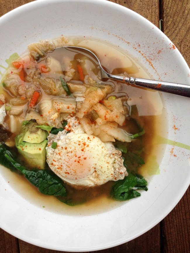 bone broth, kimchi, poached egg